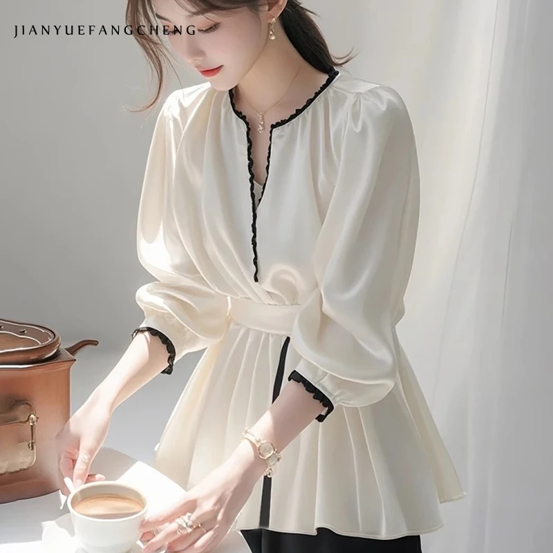 

Модная женская белая повседневная атласная рубашка в стиле принцессы с длинным рукавом и круглым вырезом, домашняя одежда, блузки