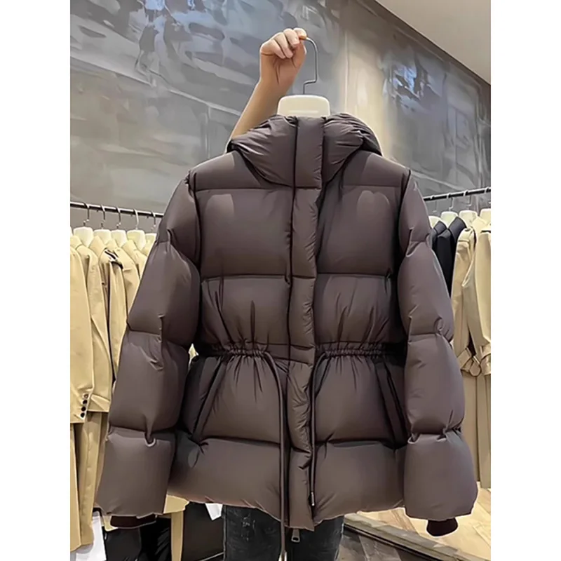 Cappotti eleganti in cotone da donna Moda invernale con coulisse Vita sottile Cappotto imbottito in cotone con cappuccio Giacche trapuntate calde spesse femminili