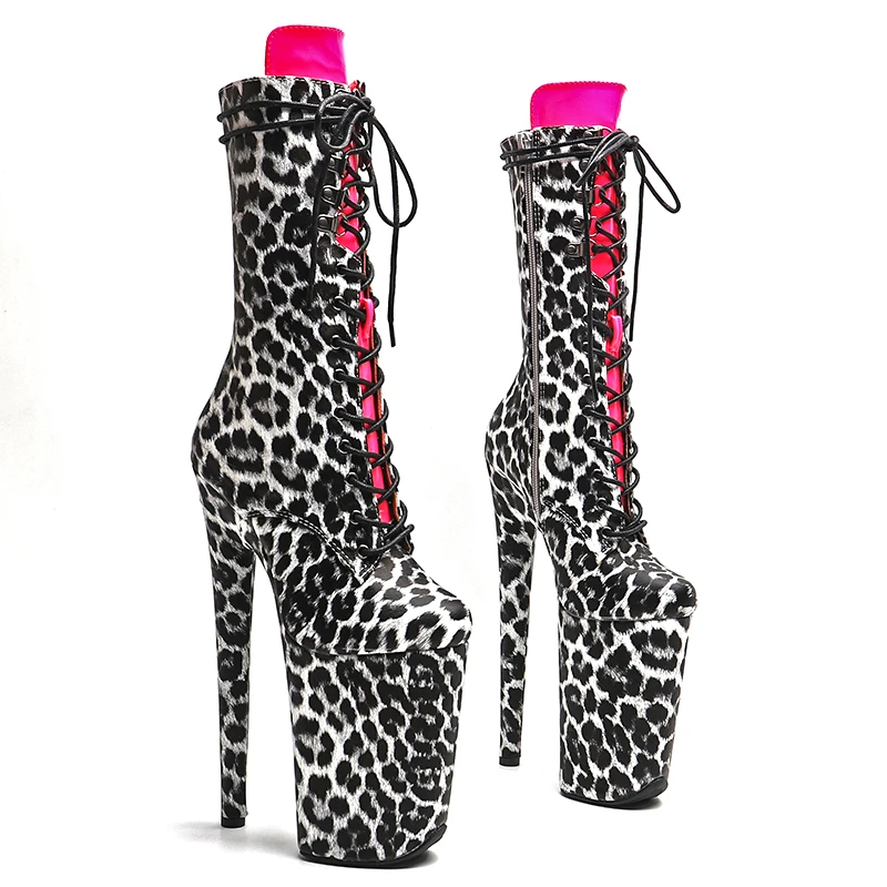 Leecabe  23CM/9inches  Leopard print PU  Upper   Fashion trend  High Heels platform  Pole Dance boot