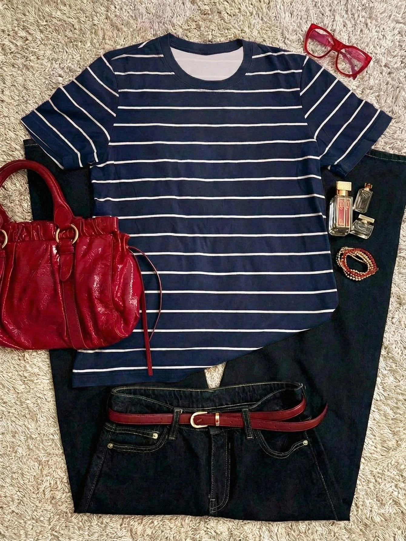 French Basic Striped Printed Round Neck T-shirt Casual Versatile Striped Top Daily Commuting Simple Women's Clothing