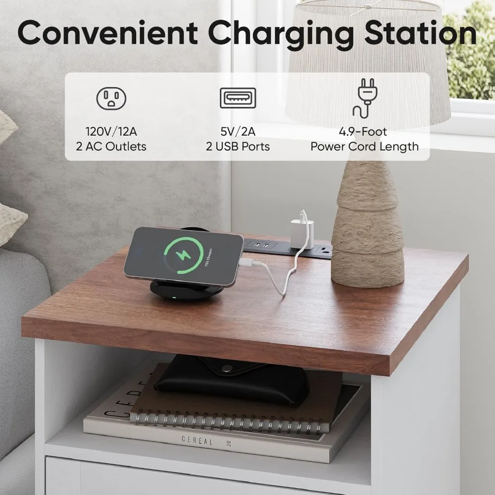 منضدة ريفي للمزرعة مع قاعدة شحن وتخزين، وطاولة بجانب السرير من خشب الجوز