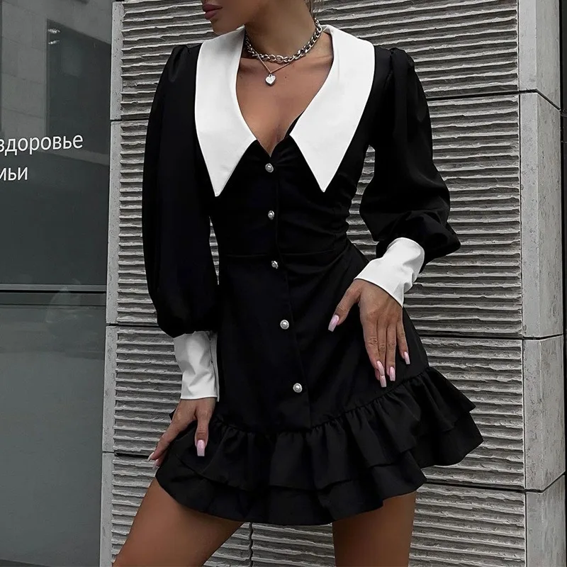 

2026 Spring and Autumn New Fashion Women's Color Matching Lapel Celebrity Style Hip Dress