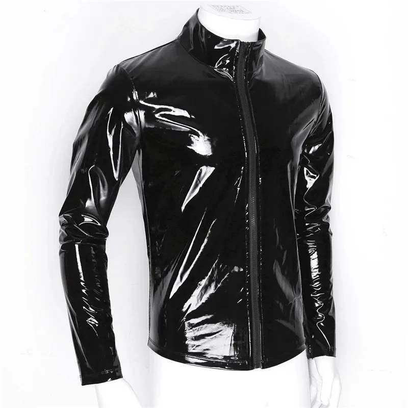 S to 7XL Mens Sexy Shiny Patent Leather Tee Shirt Top Long Sleeve Plus Size Zipper Stand Collar Moto Biker Jacket Tops Outerwear