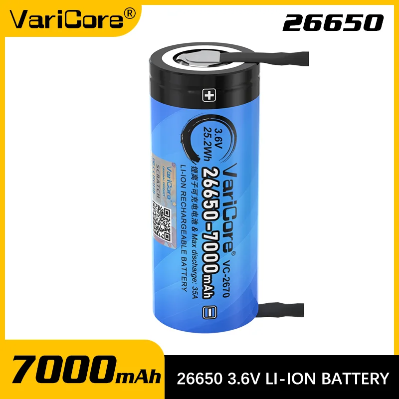 

VariCore New Original 3.7V 7000mAh 26650 Lithium Rechargeable Battery 35A Discharge DIY Nickel sheet
