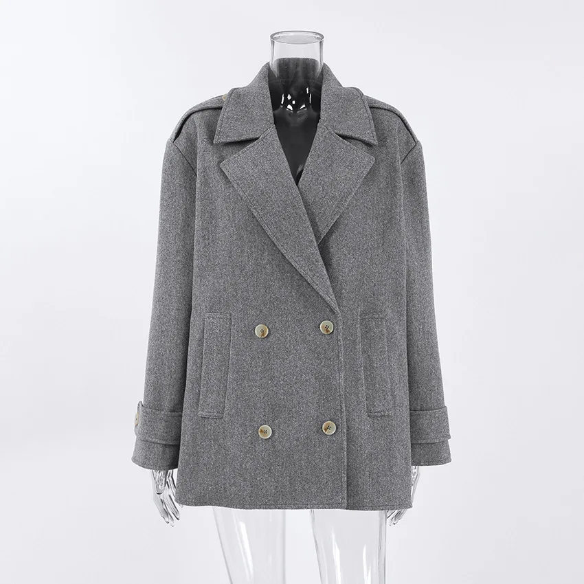رمادي مزدوجة الصدر مزيج الصوف معطف المرأة التلبيب كم طويل جيوب سترات رجالي 2026 الخريف سيدة اليومية ركاب ملابس خارجية