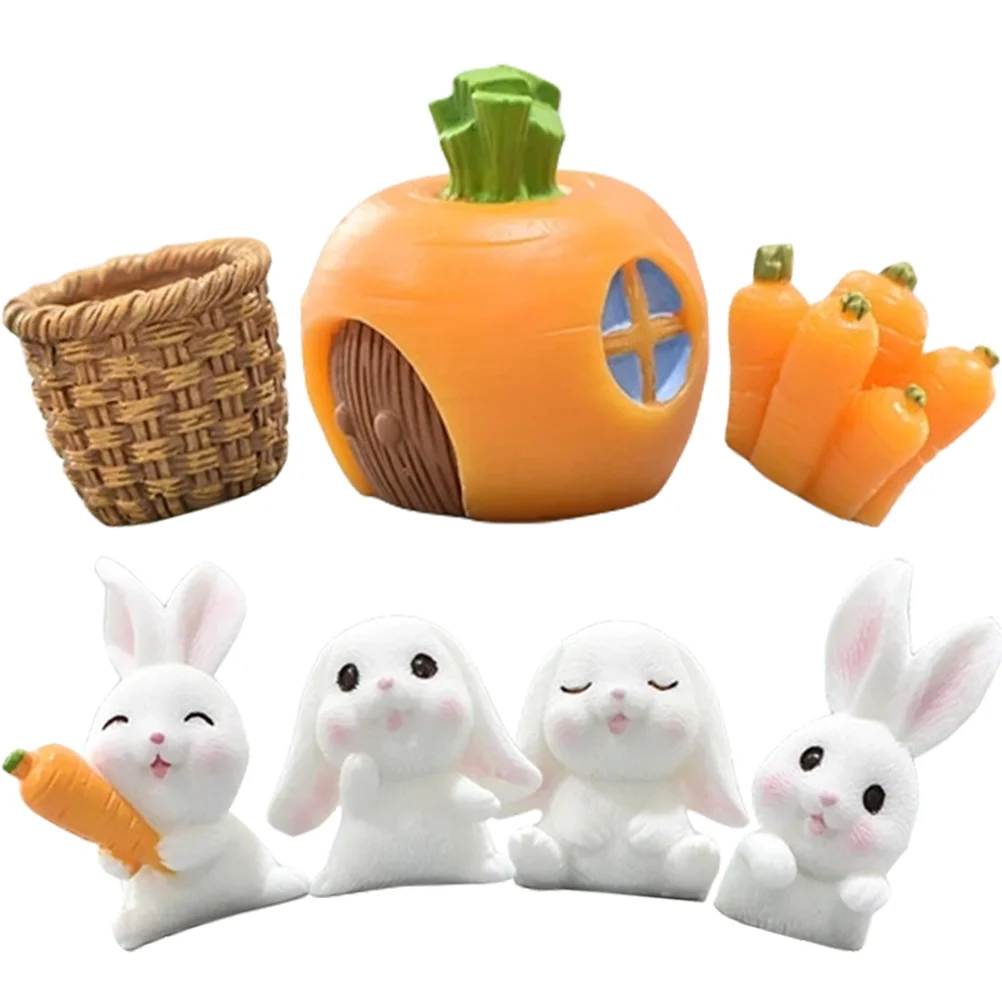 7 Pcs Garden Tiny Statues Micro Landscape Bunny Cars Toys Miniature Figure Cartoon Rabbit Resin Small