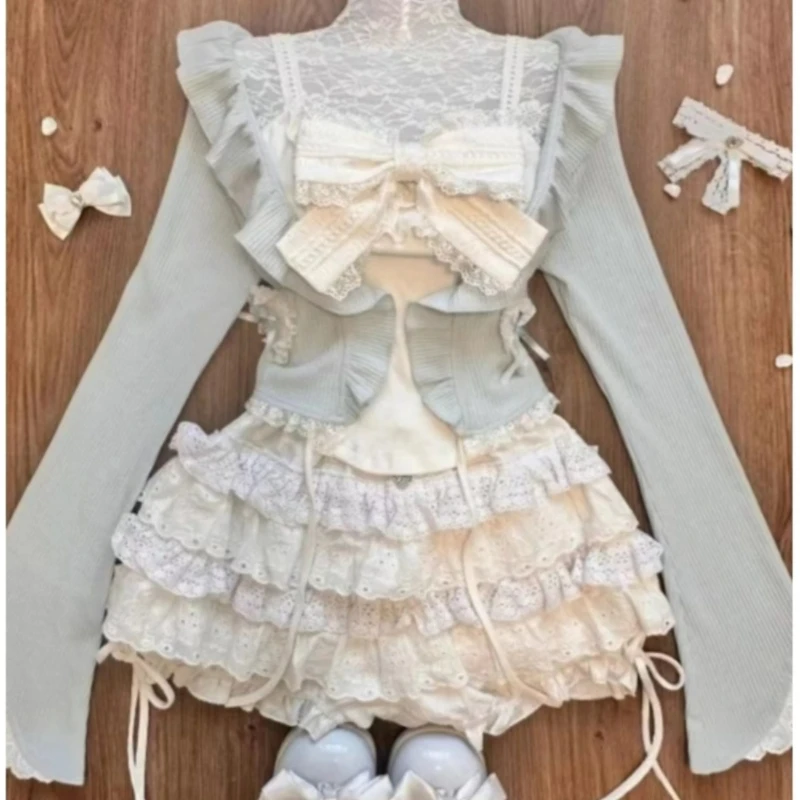 Sweet Lolita Style Sweet 3 Piece Set Woman Slim Ruffles Long Sleeve Cardigan + Lace Bow Camis Vest+ High Waist Ruched Cake Skirt