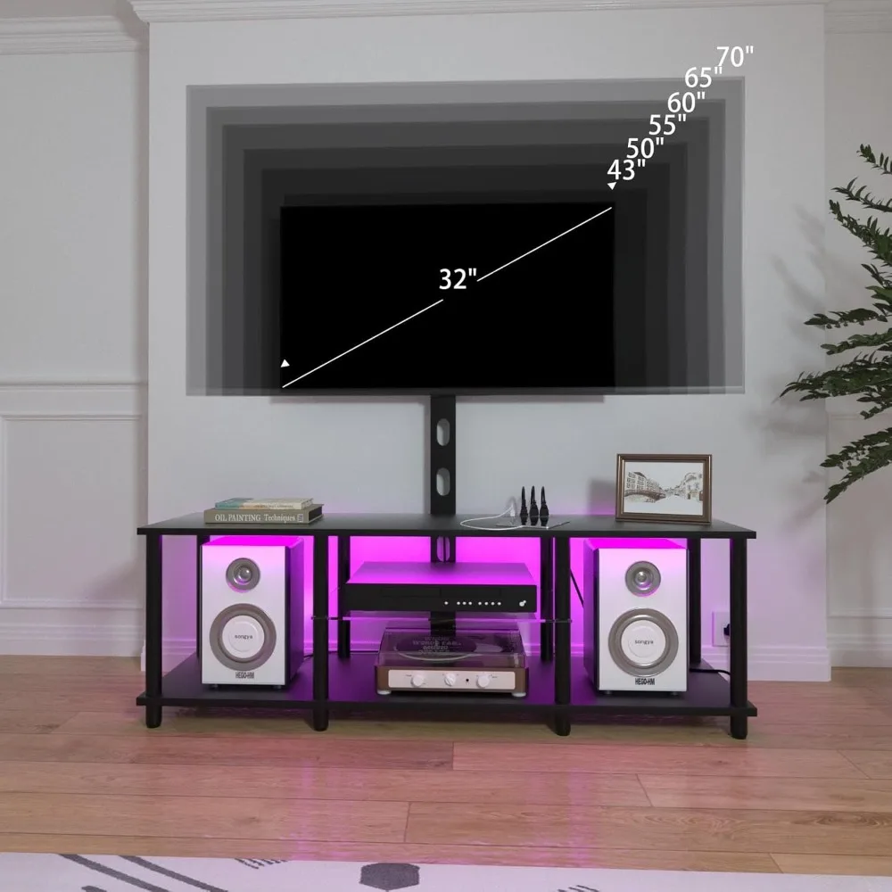 Centro de entretenimento preto com luzes LED e tomadas de energia para TVs de 32 a 70 polegadas