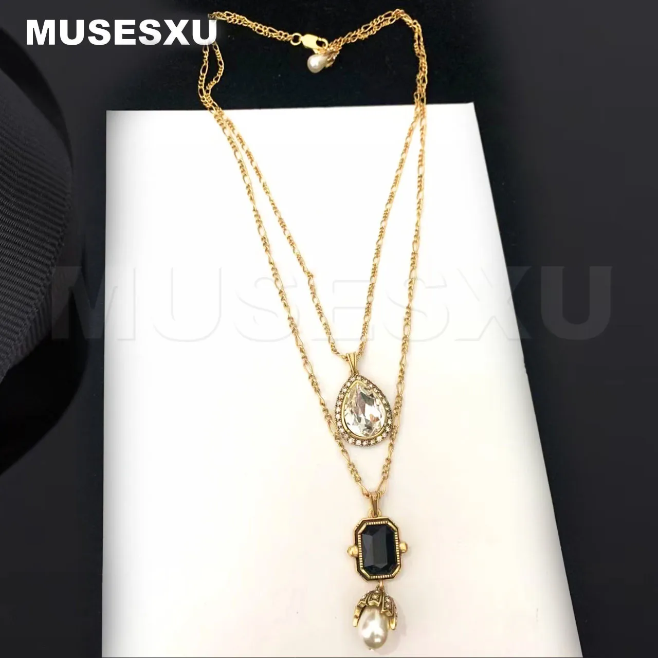 Jewelry & Accessories Luxury Retro Brand Black Zircon & Pearl Pendant Double Layer Necklace For Party Gifts