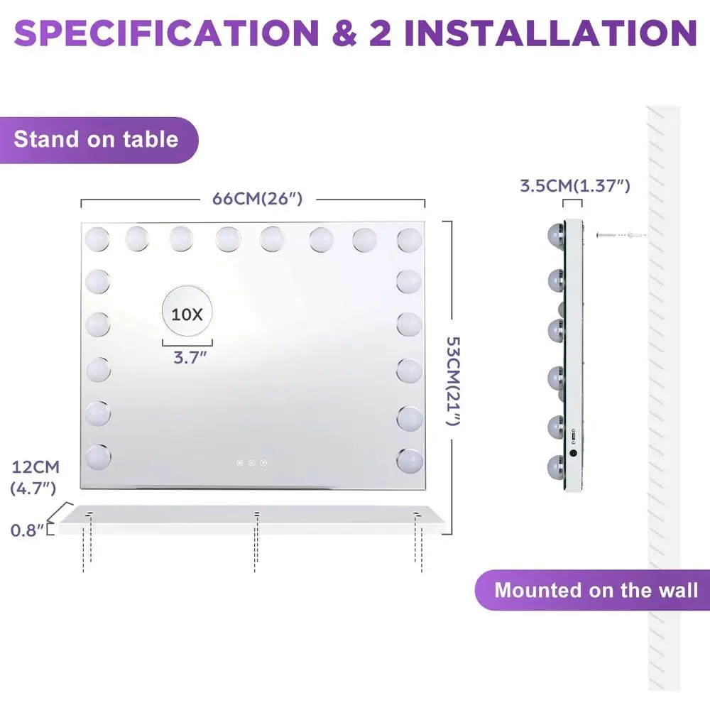 Specchio per trucco grande illuminato a LED con 18 lampadine, dimmerabile in 3 modalità, plug-in e porta USB, bianco