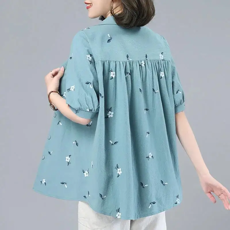 Fashion Casual Floral Printed Blouse Commute Single-breasted Summer Short Sleeve Polo-Neck Female Clothing Spliced Loose Shirt