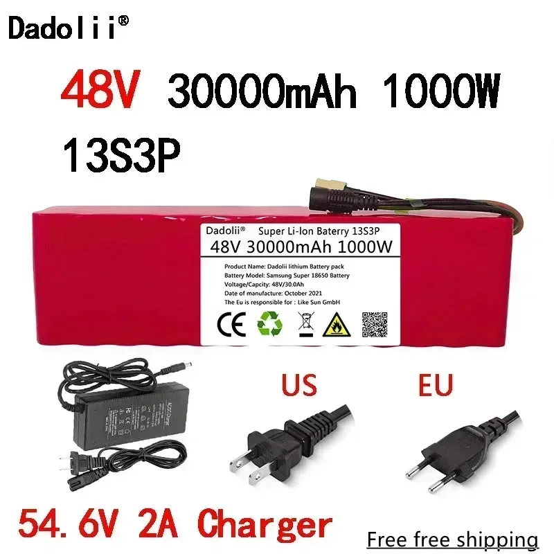 

Electric bicycle 48V battery pack, 30AH 18650 lithium-ion battery, 1000W, with XT60 plug and 54.6V charger