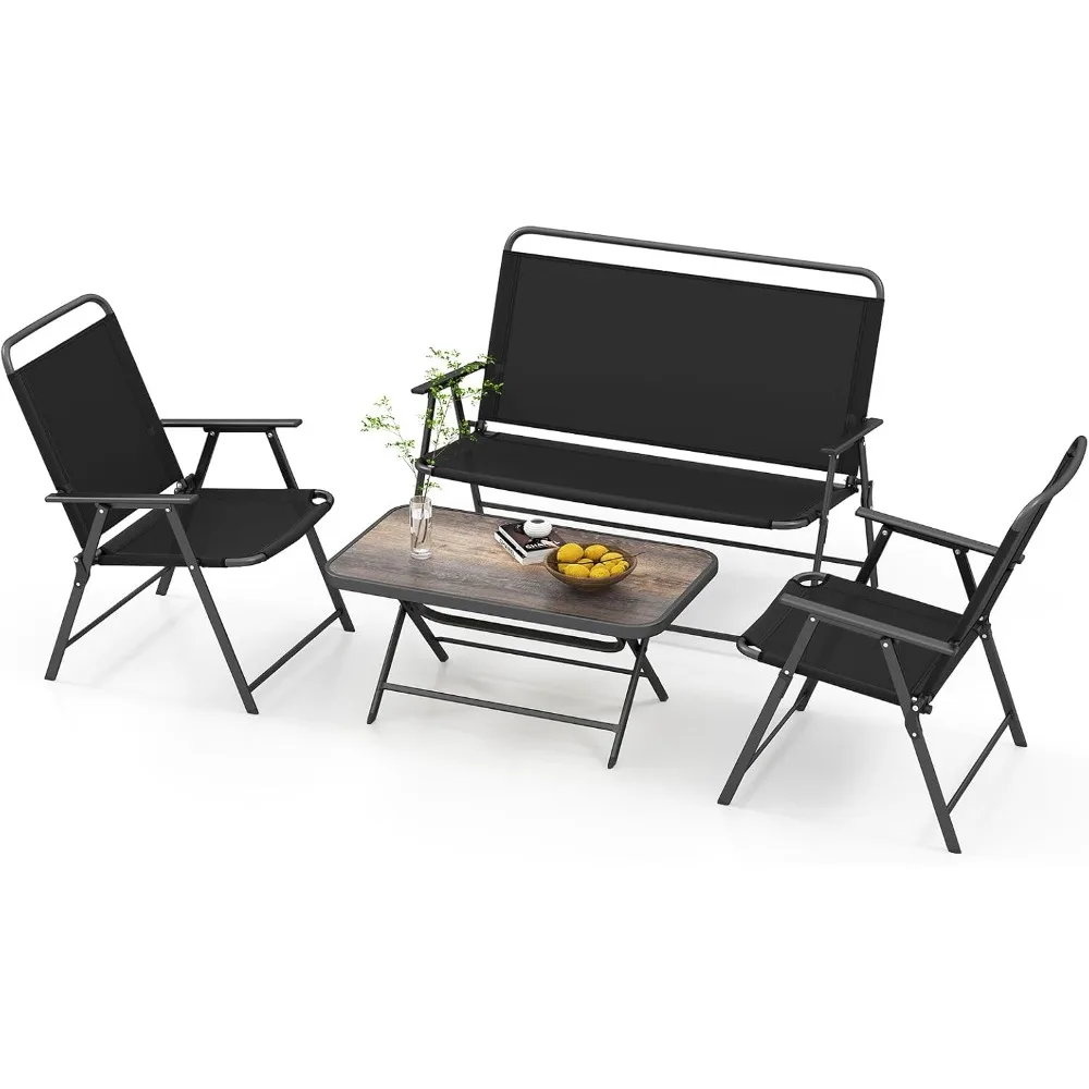 

4 Piece Folding Patio Furniture Set, Metal Chair & Table Set with Breathable Fabric Seat, Outdoor Sectional Conversatio