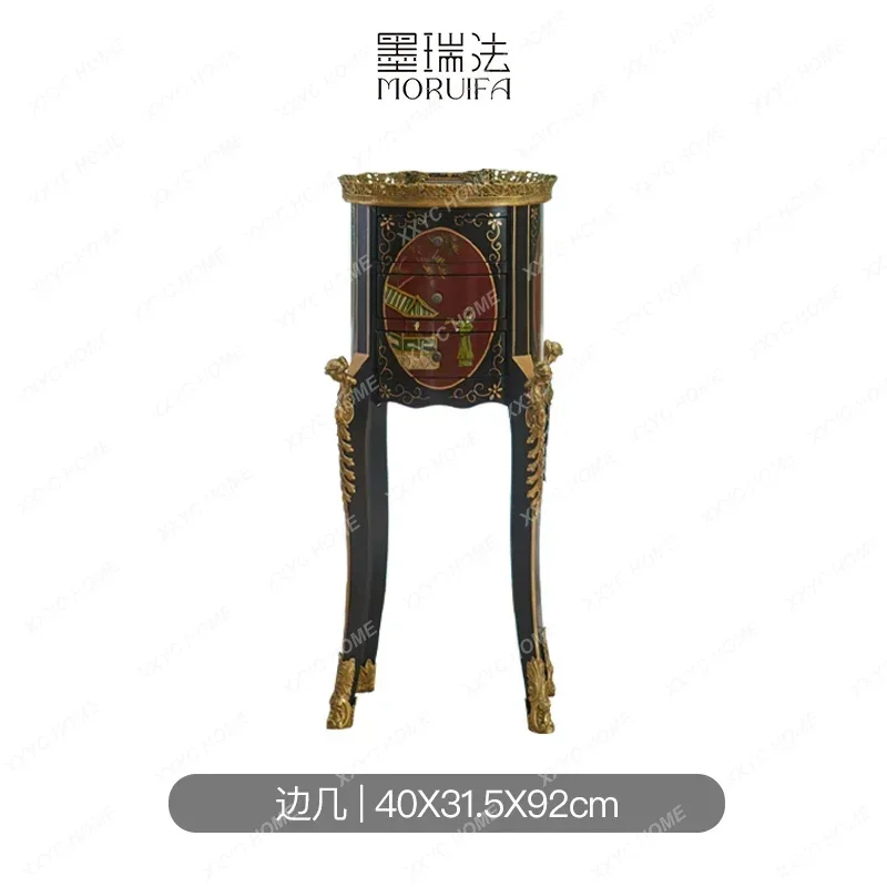 HRetro living room sofa corner few pure copper solid wood engraved round small side cabinet hand-painted side table