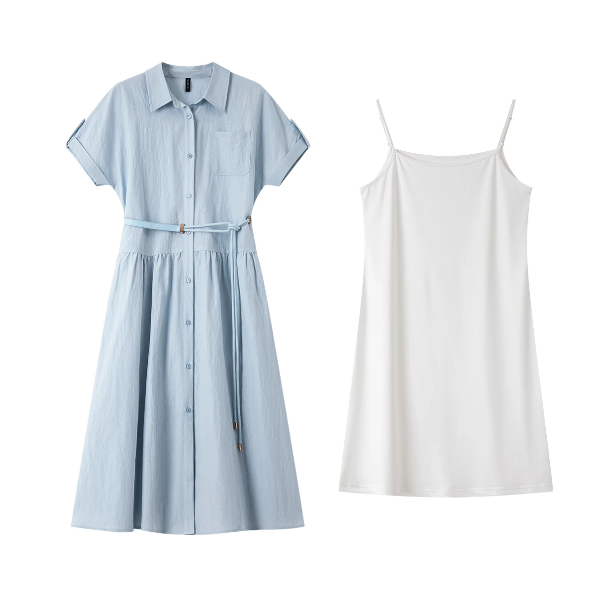 VIMLY bleu chemise robe femmes 2025 été dames Midi français a-ligne avant poches Polo ceinture Robes femme Robes Midi A2515