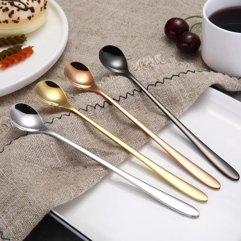 Plolished 304 Stainless Steel Long Handle Spoon Coffee Spoon Ice Cream Dessert Tea Stirring Spoon Kitchen Accessories Bar Tools