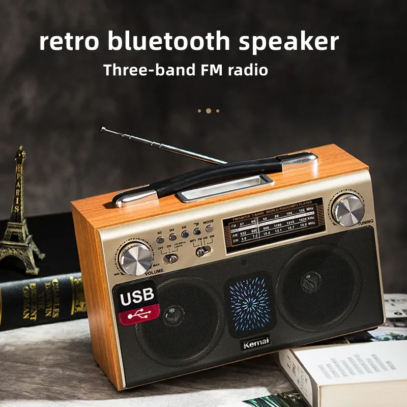 Speaker Bluetooth Nirkabel Ponsel Radio FM Multiband Kayu Retro Pemutar Musik Kartu USB Portabel Rumah Luar Ruangan dengan Antena