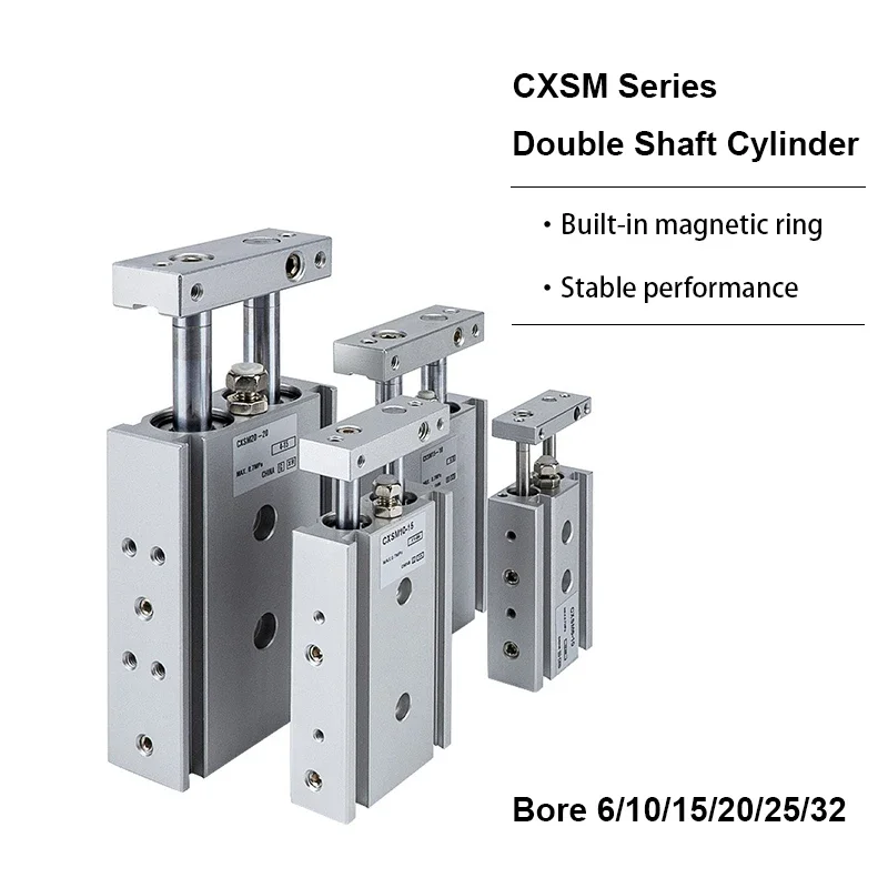CXSM Series Double Shaft Cylinder Bore 6/15/20/25/32 mm Stroke 10/15/20/25/30/…/175/200/250/300 mm Pneumatic Dual Rod Cylinder