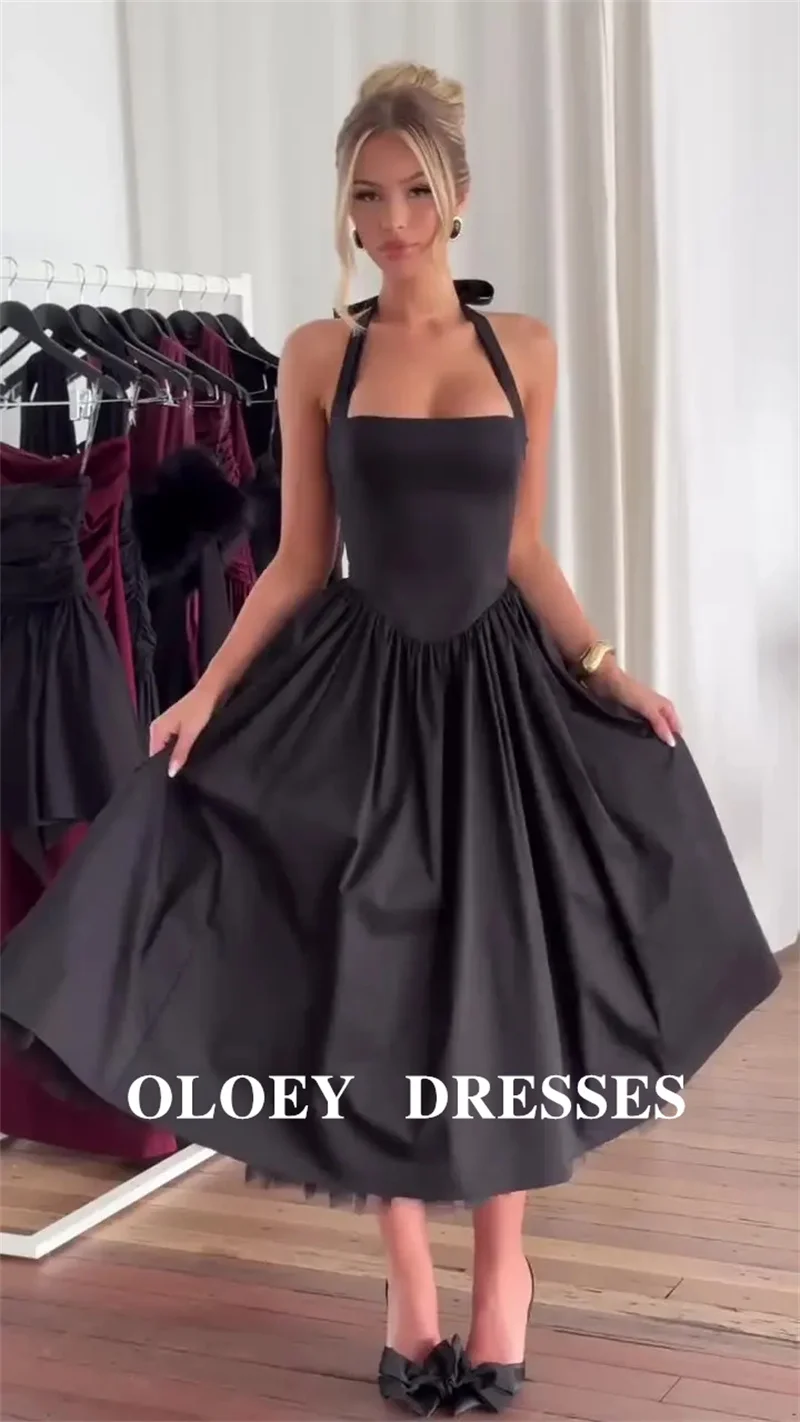 

OLOEY Halter Black Evening Party Dresses US Women Christmas Formal Event Gowns Tea Length Corset Back Slim Prom Gowns Customized