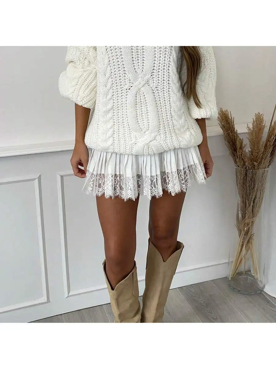 Women White Lace Trim Pleated Mini Skirt High Waist A-Line Satin Skirt For Party Club Beach