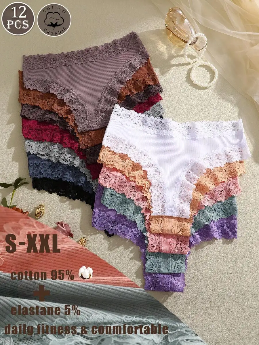 

12-Pack Women’s Ribbed Cotton Lace-Edged Briefs, 95% Cotton 5% Elastane, Breathable Low-Rise Underwear S-XXL, 12 Colors