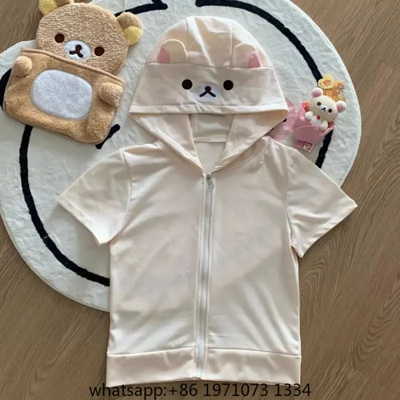 Bear Ears Japanese Cute Jackets Women 2025 Ropa Mujer Short Sleeve Zipper Tunic Coat Y2k Tops Casual Fashion Japanese Outwear