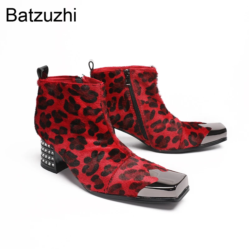 Batzuzhi Fashion Design Men's Boots Shoes Square Toe Red Lepaord Pattern Leather Ankle Boots for Man 7cm Heels with Rhinestone