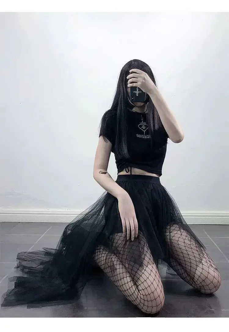 IMU Casual Skirts Punk Sexy Net Yarn High-Waisted Irregular Skirt for Women Summer New European and American Gothic Style Versat