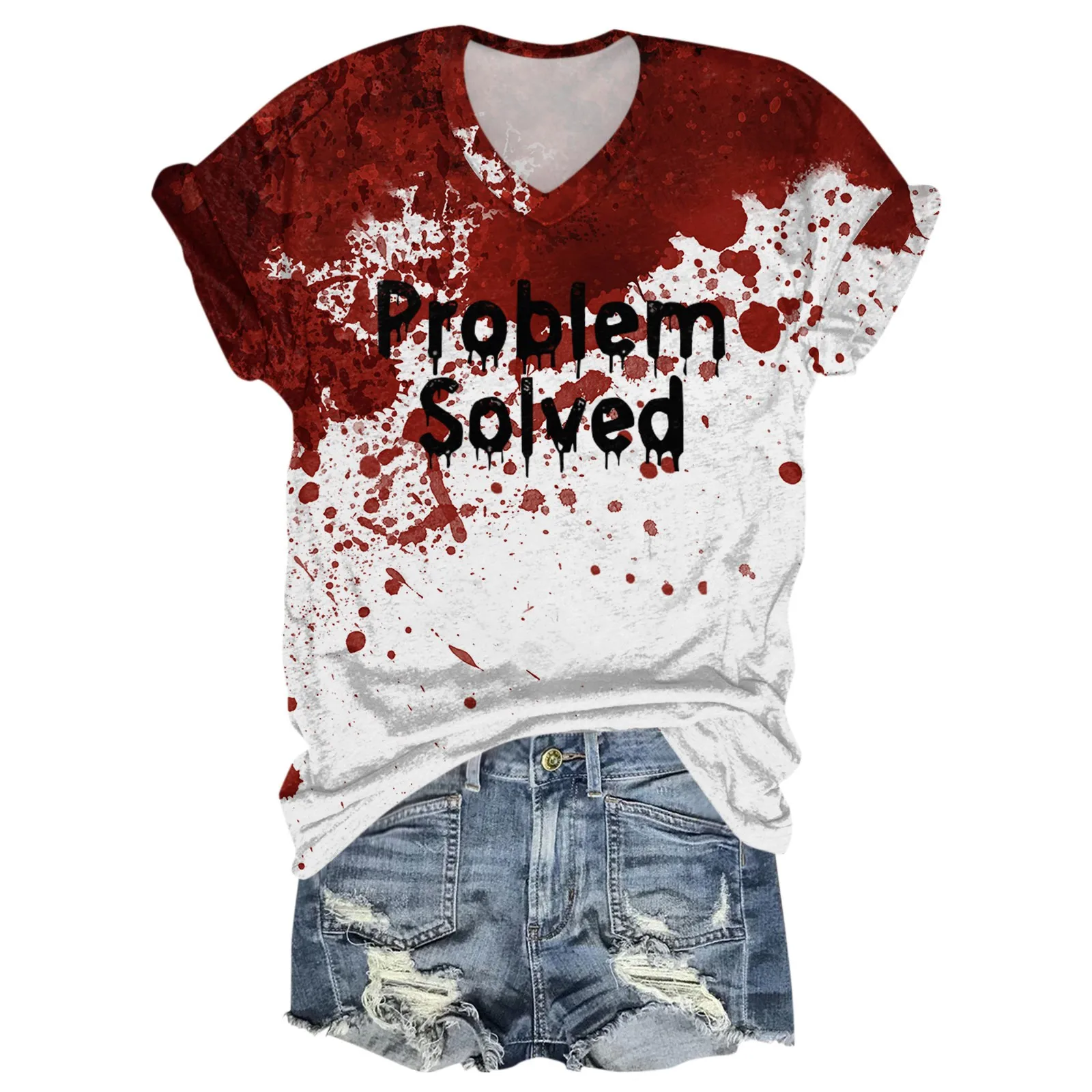 Haut décontracté à manches trois-quarts pour femme, impression de visage de fantôme de lettres d'Halloween, chemise confortable à col en V maigre, mode estivale