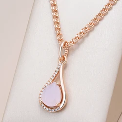 Kinel Hot Pink Natural Zircon Water Drop Pendant Necklace For Women Luxury 585 Rose Gold Color High Quality Daily Fine Jewelry