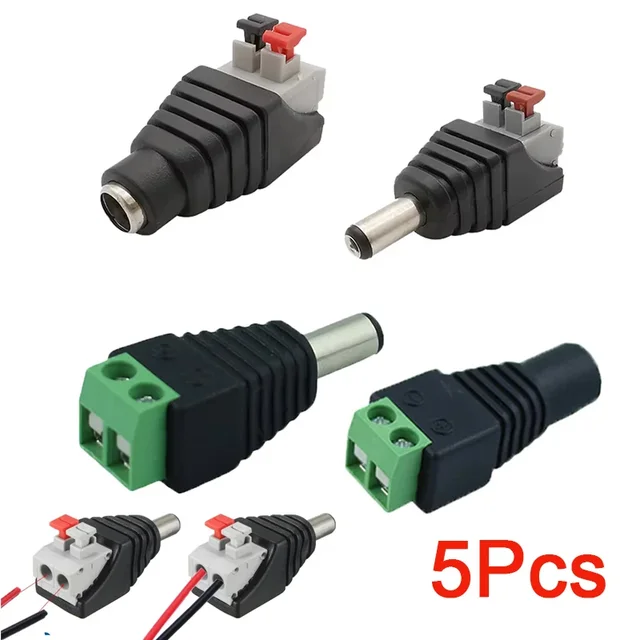 5szt 12V DC Złącze zasilania Wtyczka Jack Męskie Żeńskie Gniazdo Beczka 2.1mm x 5.5mm Adapter do kamery CCTV Taśma LED Zacisk zasilania