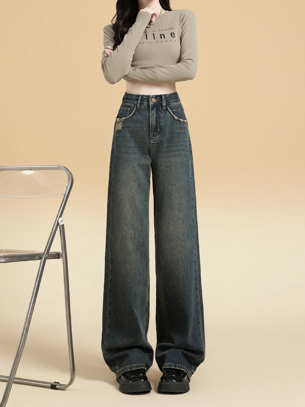

Women Wide Leg Jeans Autumn Vintage Button Female High Waisted Jeans American Korean Basic Simple Casual Fashion Baggy Jeans