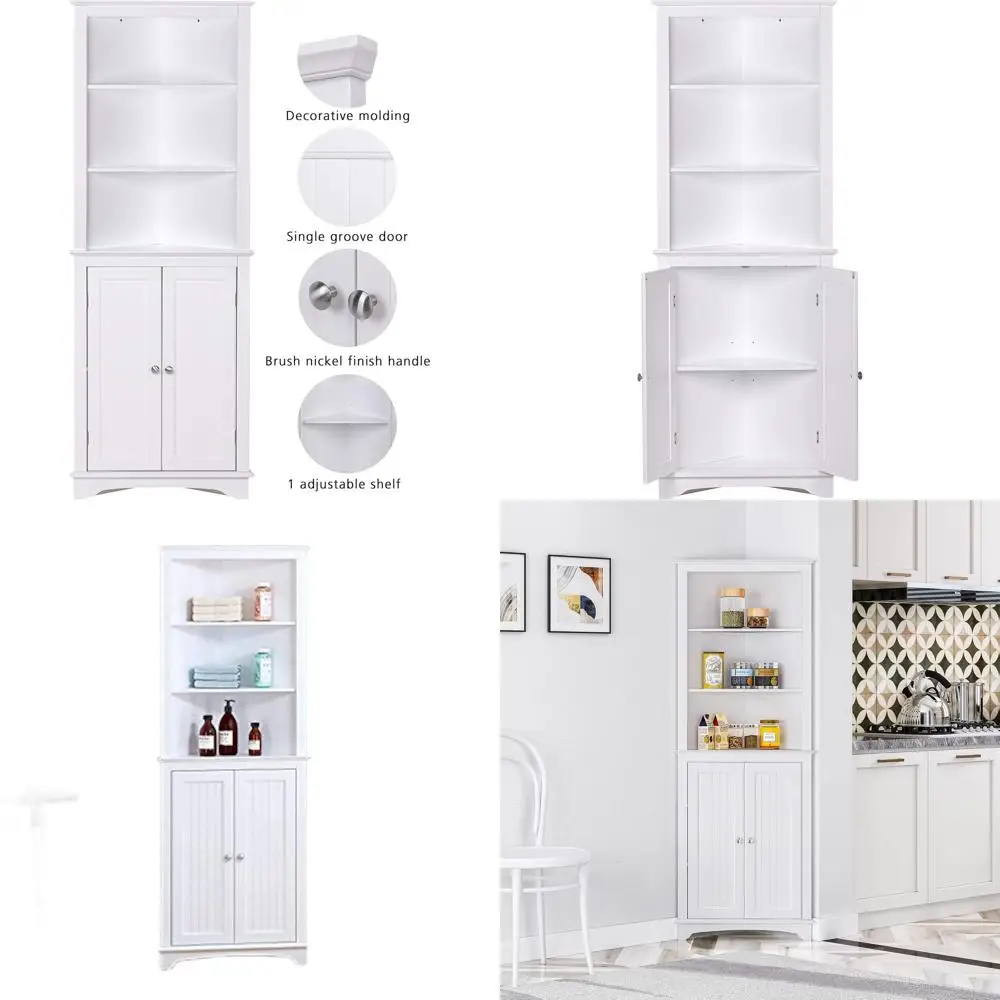 

White Freestanding Corner Cabinet with Doors and Shelves for Bathroom, Kitchen, Living Room Storage
