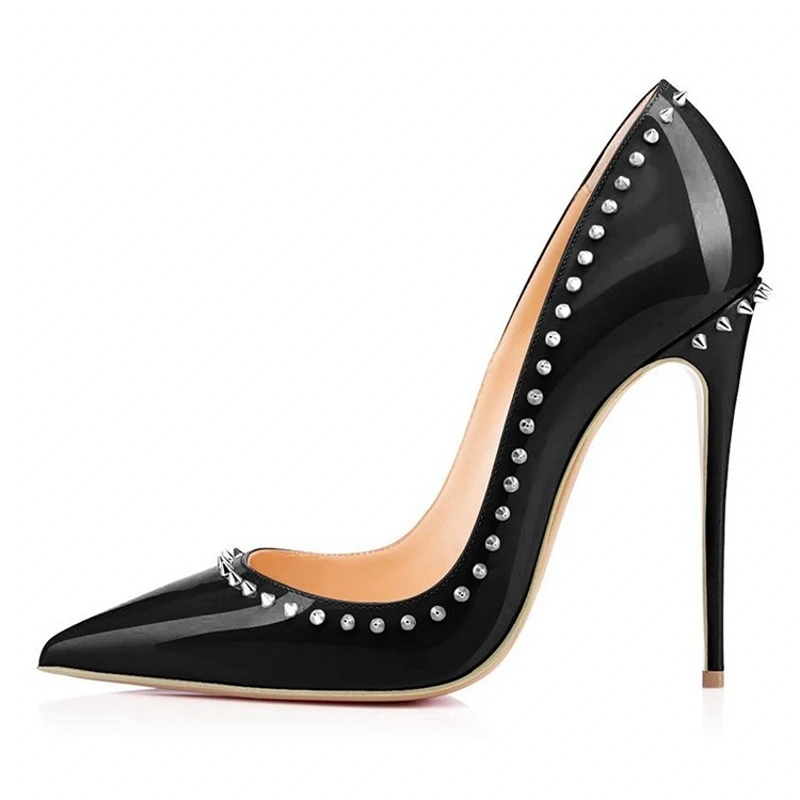 Sexy Woman Heel New Stilettos High Heels Spring Autumn Patent Leather Pointed Toe Women Rivet Ladies Pumps Shoes Big Size D031A