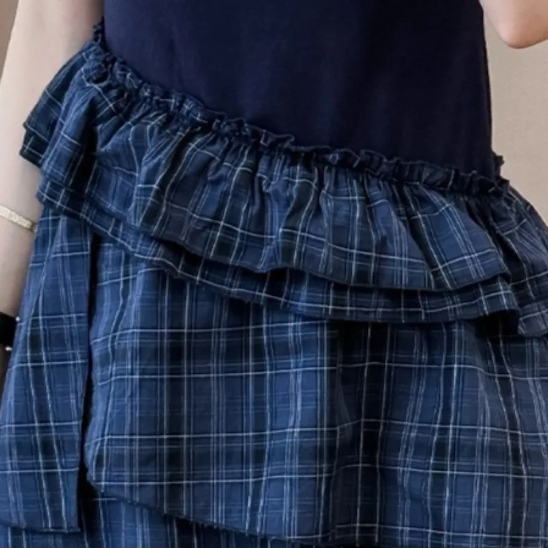 ผู้หญิงฤดูร้อนชุดแฟชั่น ruffled ลายสก๊อต patchwork hem ชุด Chic ปลอม 2 ชิ้น O-คอแขนสั้น Maxi แยกเสื้อยืดชุด