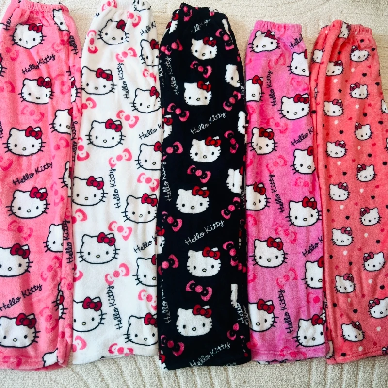 Calças de pijama Sanrio Hello Kitty para mulheres, macio, luxuoso, espessamento, quente, roupas femininas, casual, preto, kawaii, menina, Y2K