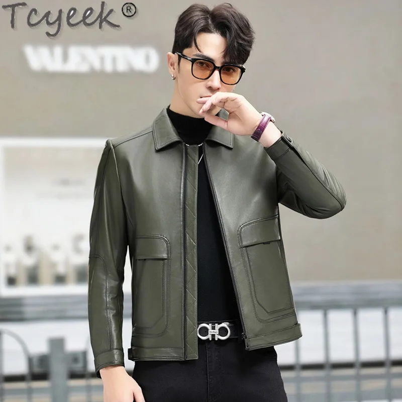 Tcyeek Genuine Leather Man Jackets Top Layer Cowhide Coat Autumn Clothes Business Casual Mens Leather Jacket Chic Jaqueta Couro