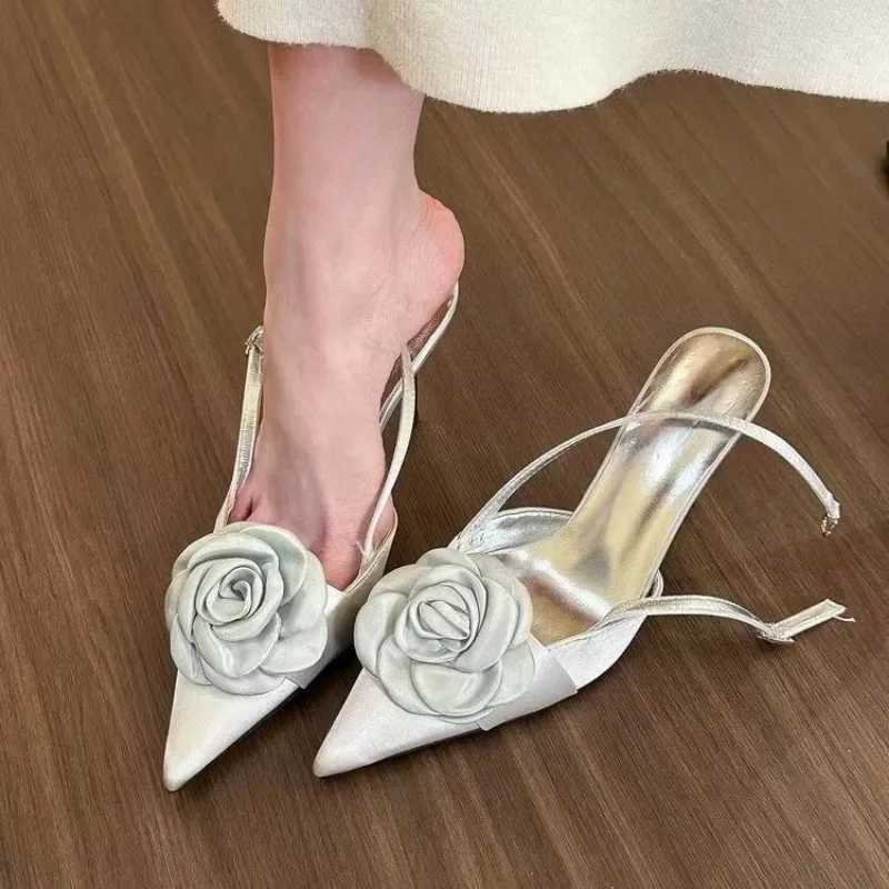 2024 Mode Dunne Hoge Hakken Gesp Vrouwen Pompen Sexy Bloem Puntschoen Muilezels Schoenen Elegante Banket Prom Sandalen 35-43