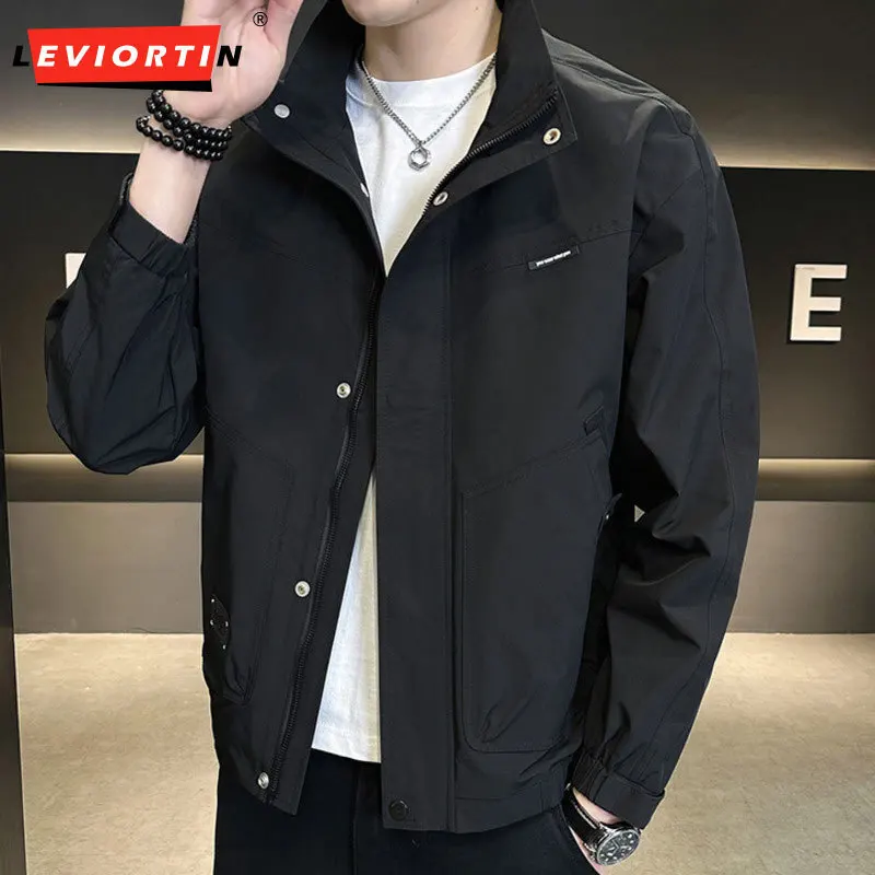 

2025 men's spring standing collar flying jacket, Hong Kong style youth splicing trend, solid color casual simple loose jacket