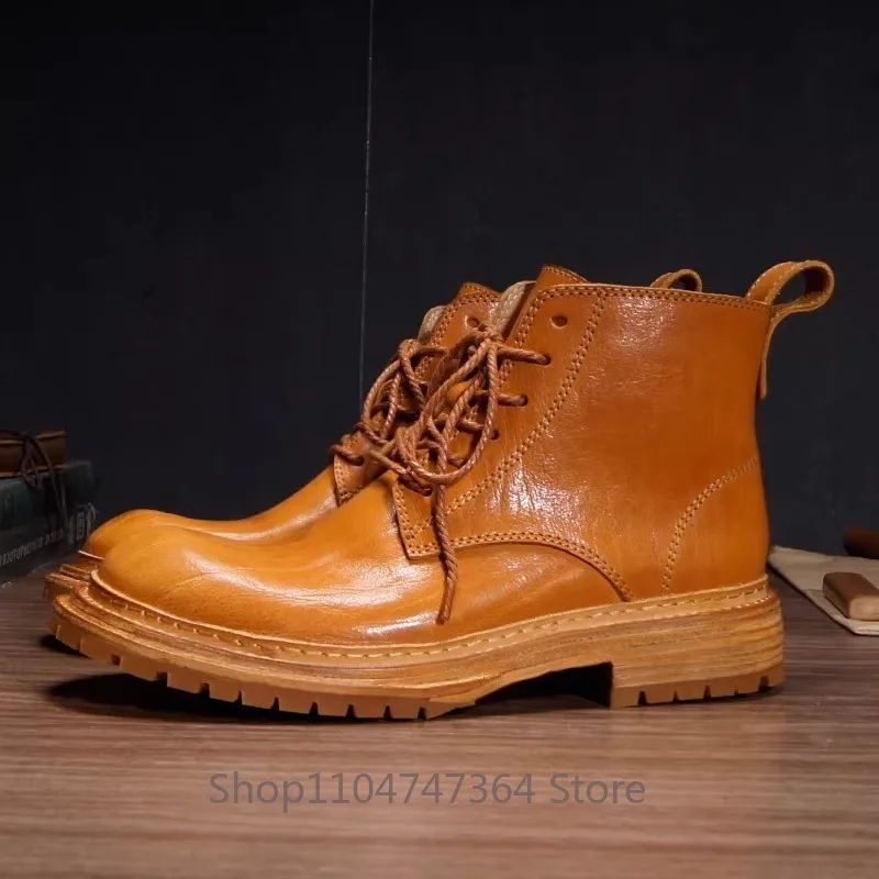 Handmade High-End Genuine Leather Chelsea Motorcycle Boots Men's Thick Sole Casual Work Ankle Shoes Fashion Male Footwear