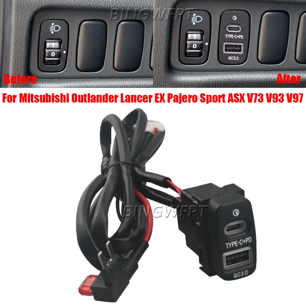 TYPE-C PD QC3.0 USB Quick Charge Charger Adapter Outlet For Mitsubishi Outlander Lancer EX Pajero Sport ASX V73 V93 V97 07-12