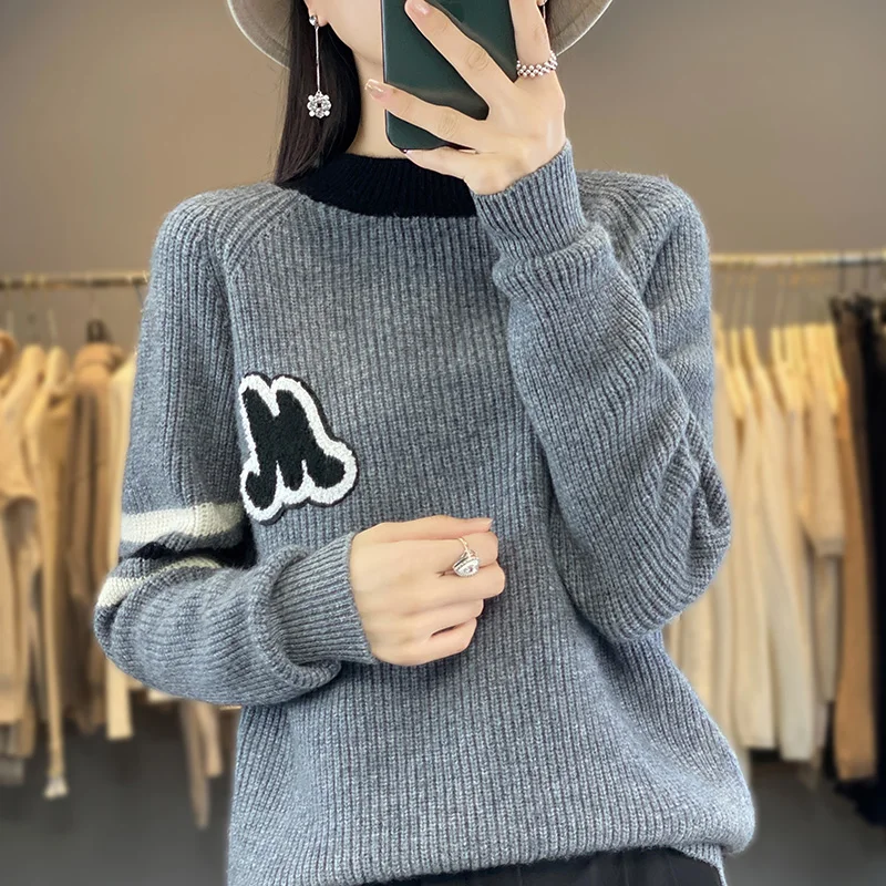 2023 Autumn/Winter New Cashmere Sweater Women's O-Neck Pullover 100% Wool Embroidery Splice Casual Top Fashion Korean Edition