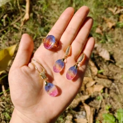 Pink yellow blue gradient crystal fusion stone Necklace Earrings Rings Jewelry set elegant women‘s jewelry
