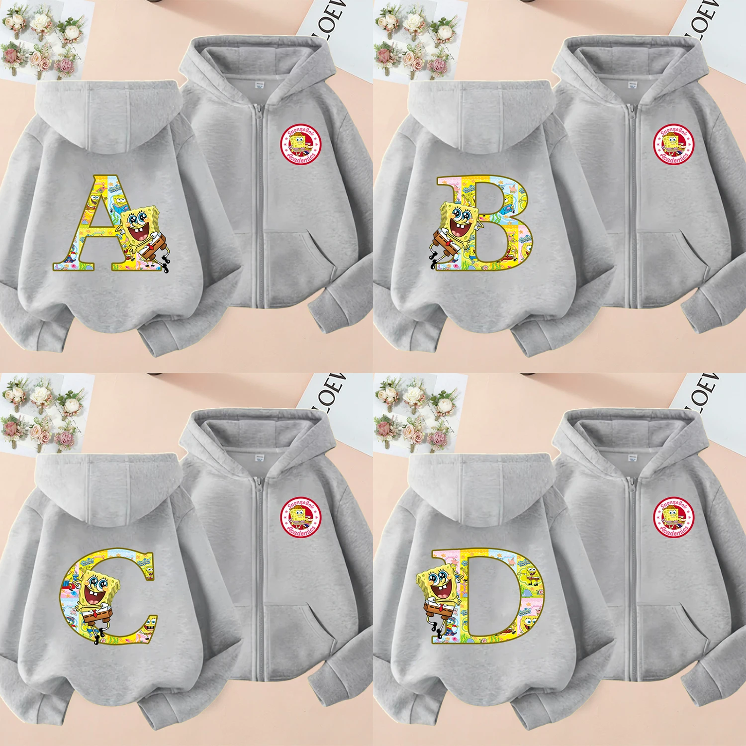 Spongebob, 26 English Letters, Children's Coat, Harajuku Pattern Print, Children's Sweater, Hoodie, Zipper Sweater, Sports Coat