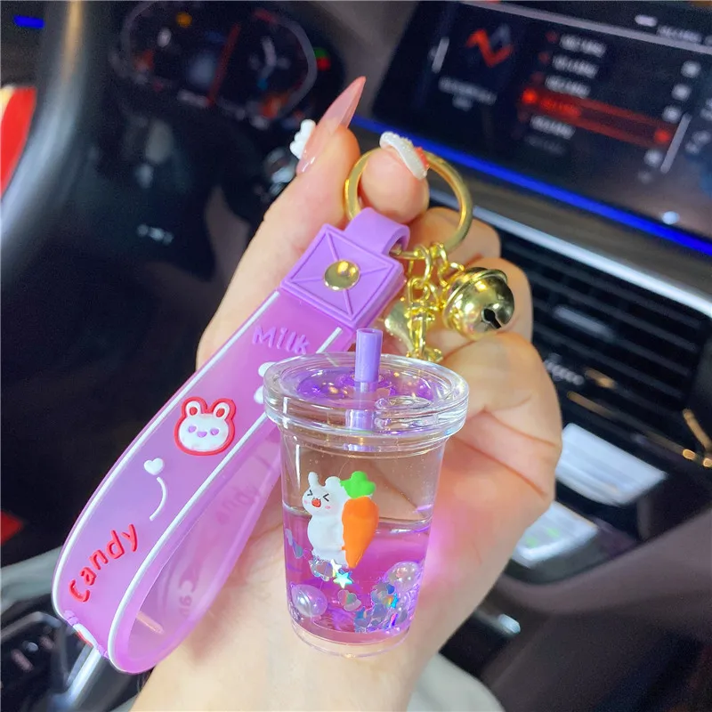 Cartoon In Oil Liquid Rabbit Drifting Wish Bottle Key Chain Cute Milk Tea Cup Floating Carrot Pearl Sequin Quicksand Bag Keyring