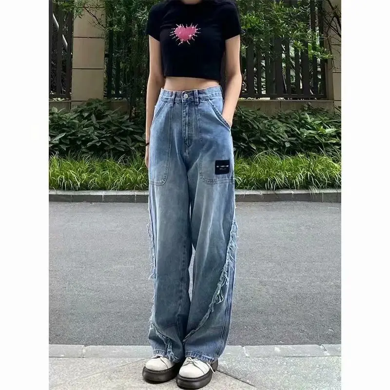 2023 New Vintage Jeans for Women Spring and Autumn Loose Fitting High Waist Personalized Hong Kong Style Floor Mop Pants Trend