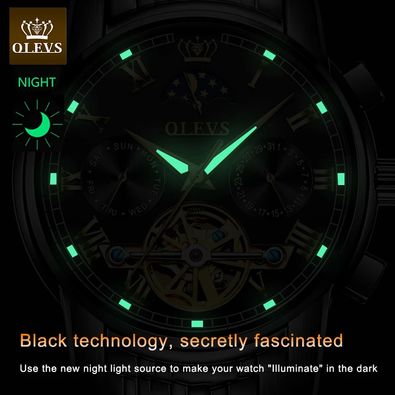 OLEVS-Reloj de pulsera de acero inoxidable para hombre, accesorio masculino de pulsera resistente al agua con mecanismo automático de esqueleto y