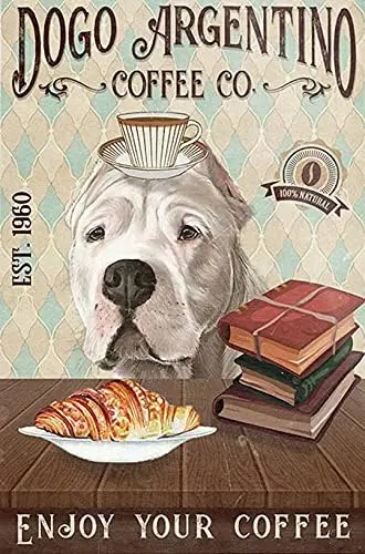 Letrero Metálico Decorativo de Pared, Diseño de Perro Dogo Argentino y Café, 2 Placas Colgantes de Aluminio