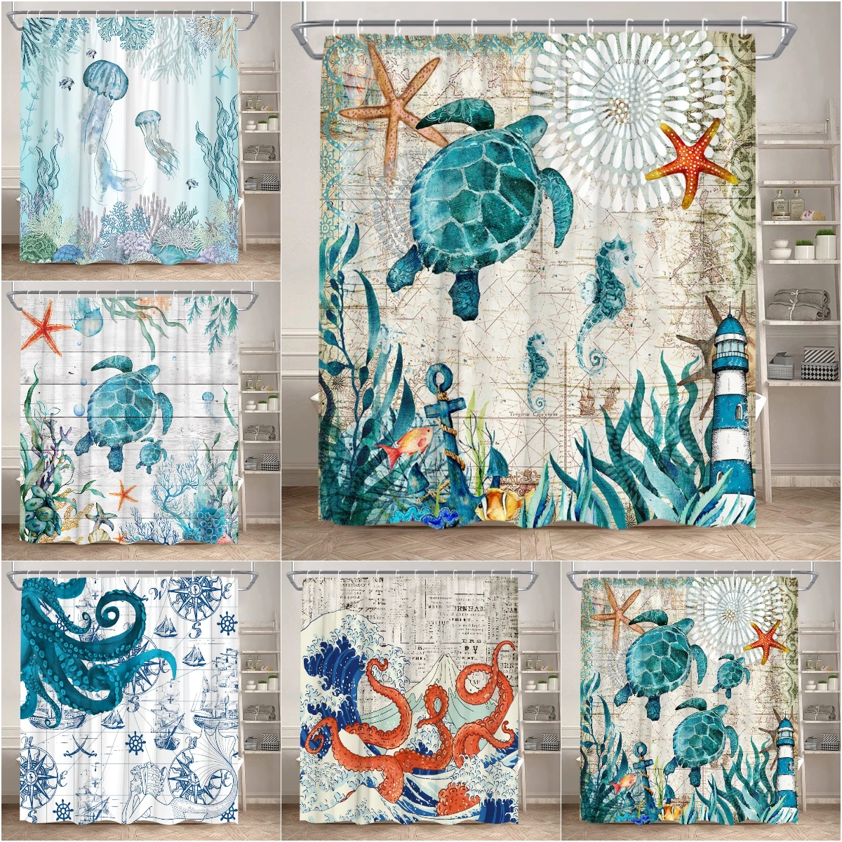 

Nautical Shower Curtain Turtle Octopus Ocean Underwater World Coral Waves Vintage Lighthouse Polyester Fabric Bathroom Decor Set