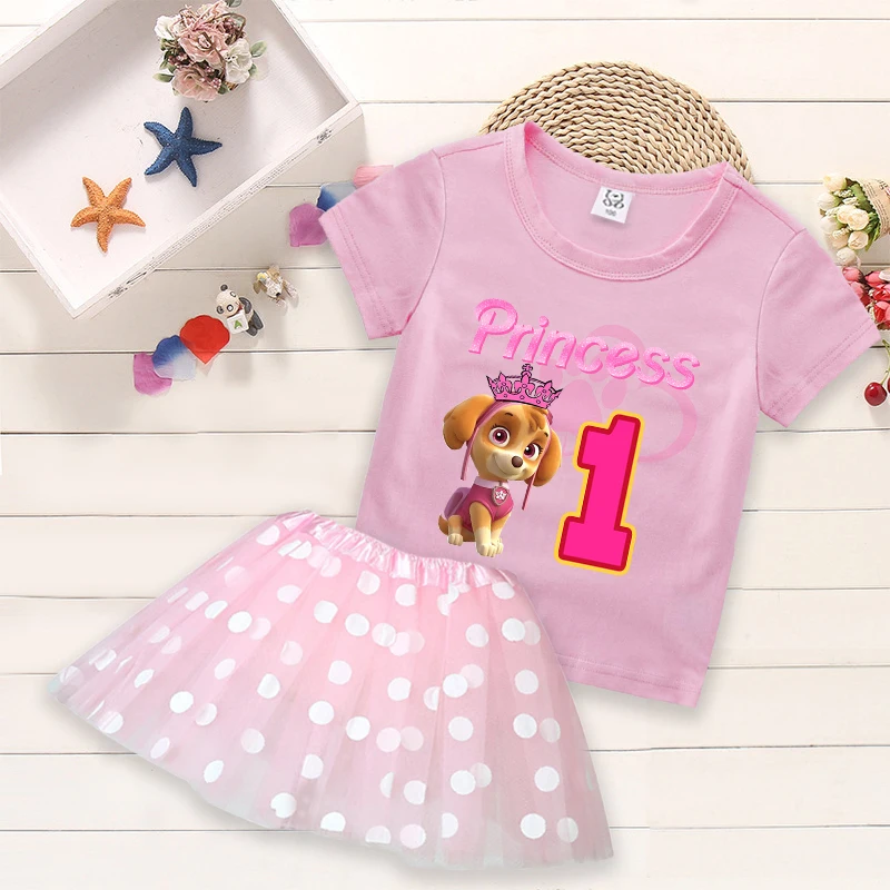 Traje de falda de patrulla canina para niños y niñas, ropa rosa para fiesta de cumpleaños, camiseta con número, conjunto de vestido con estampado de